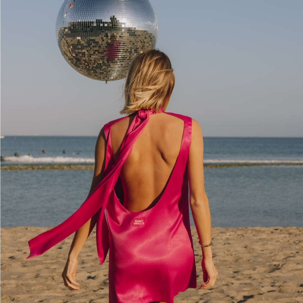 Daily Drills Silky Mini Dress with Neck Tie - Hot Pink